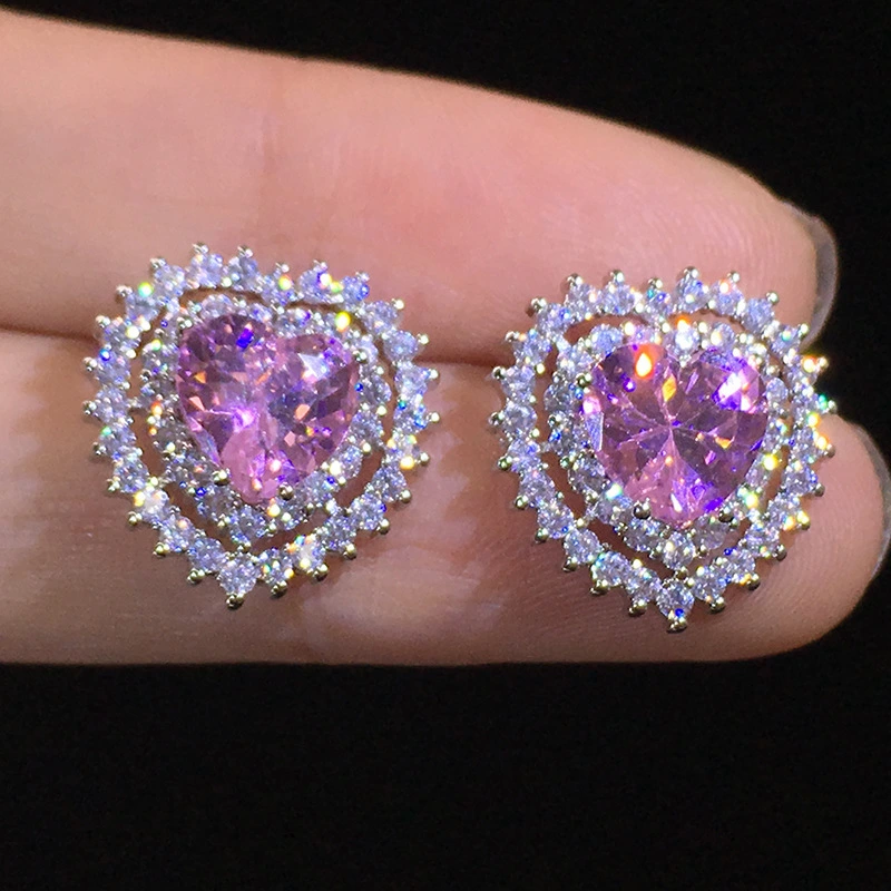 2021 summer Hainon earrings Silver-plated Pink zircon Heart-shaped Fashion style women earring alloy elegant jewelry 1