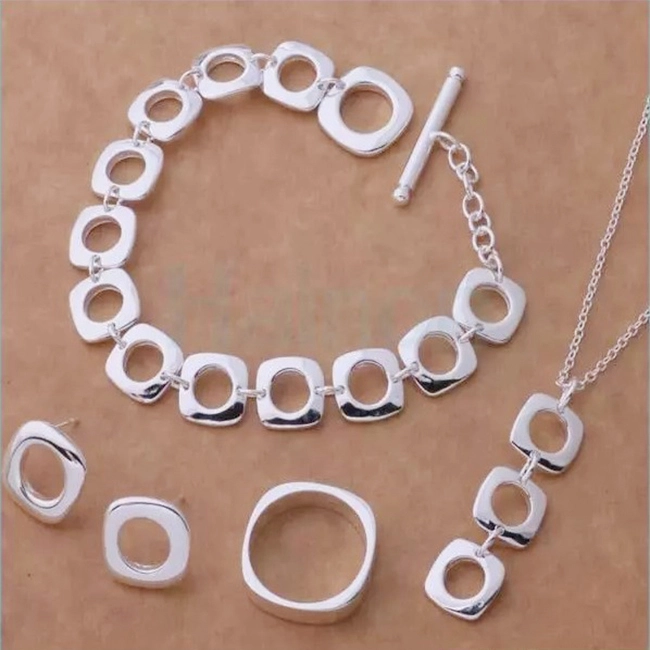 Hainon Simple Square Bracelet necklace ring Fashion Jewelry Set 925 Silver Plating 1