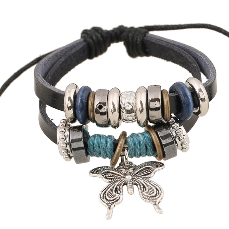 Fashion woven leather bracelet butterfly pendant ladies summer fashion beads bracelet cheap wholesale 1