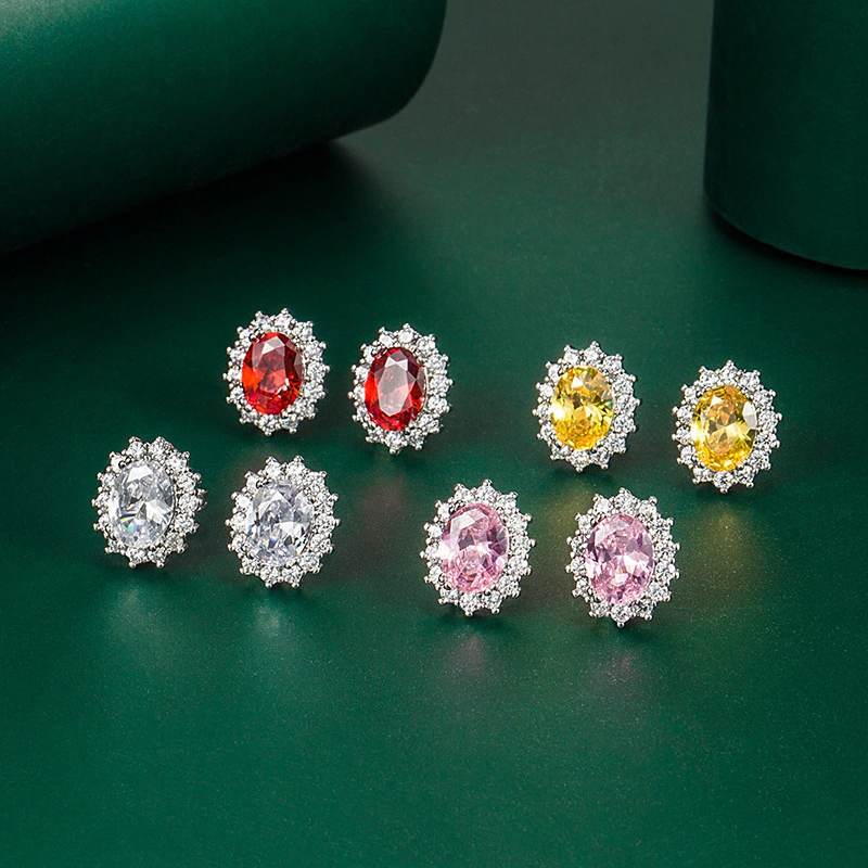 Hainon 2021 jewelry for Women 12mm oval zircon stud earrings Platinum plating Gift card flannel bag set wholesale 1