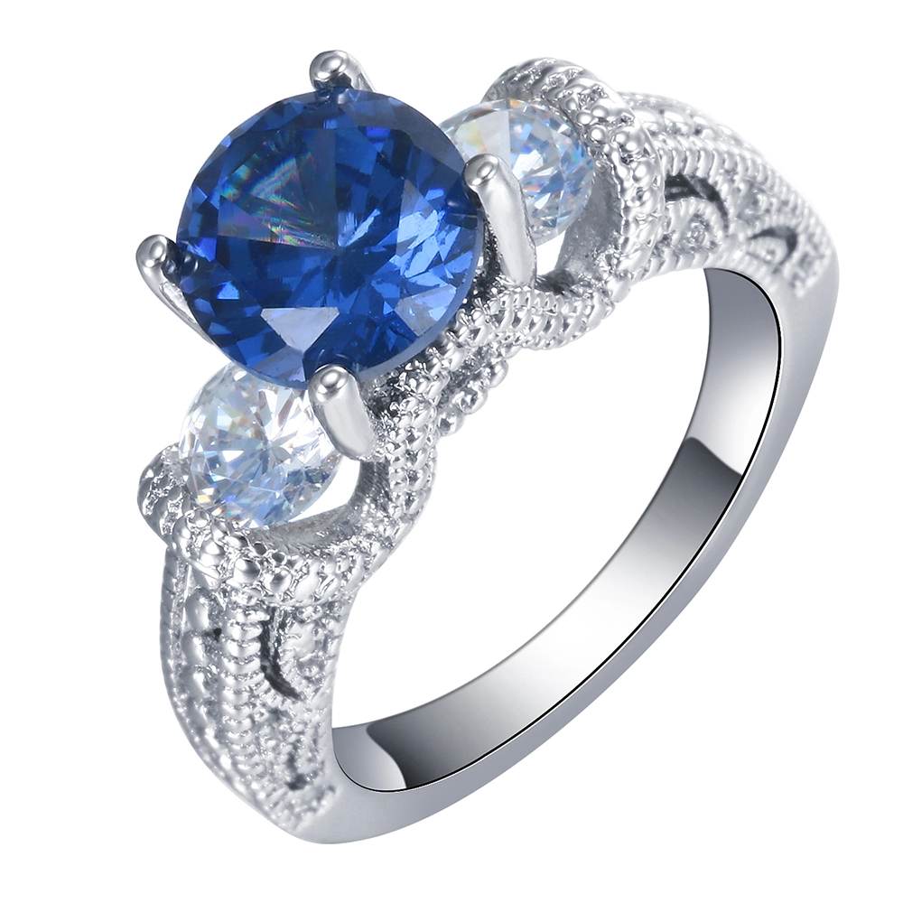 2017 design platinum plated blue zircon three stone engagement rings for women 1