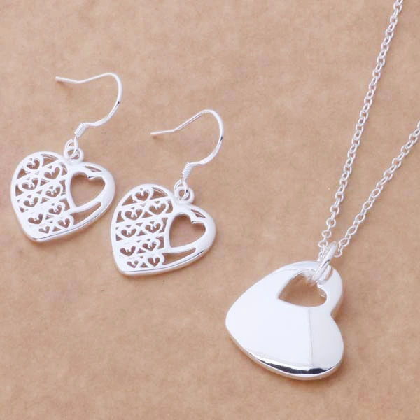 Hainon new fashion designers jewelry set 925 sterling silver plated heart Pendant Necklace Earrings set Gift Cards 1