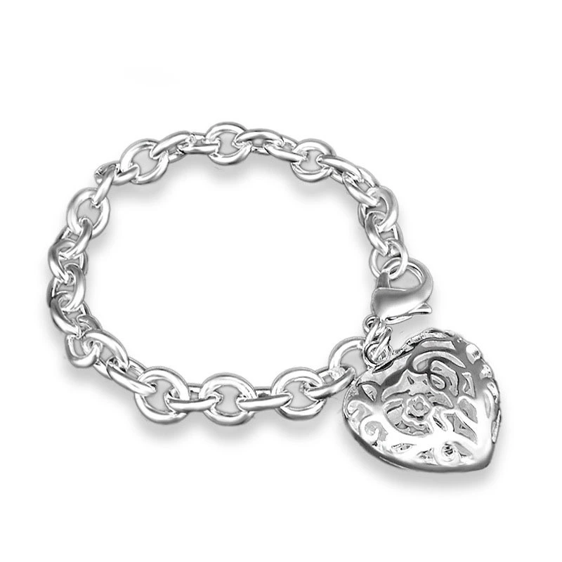 Jewelry wholesale silver plated bead bracelet hollow heart pendant men 21cm silver bracelet 1