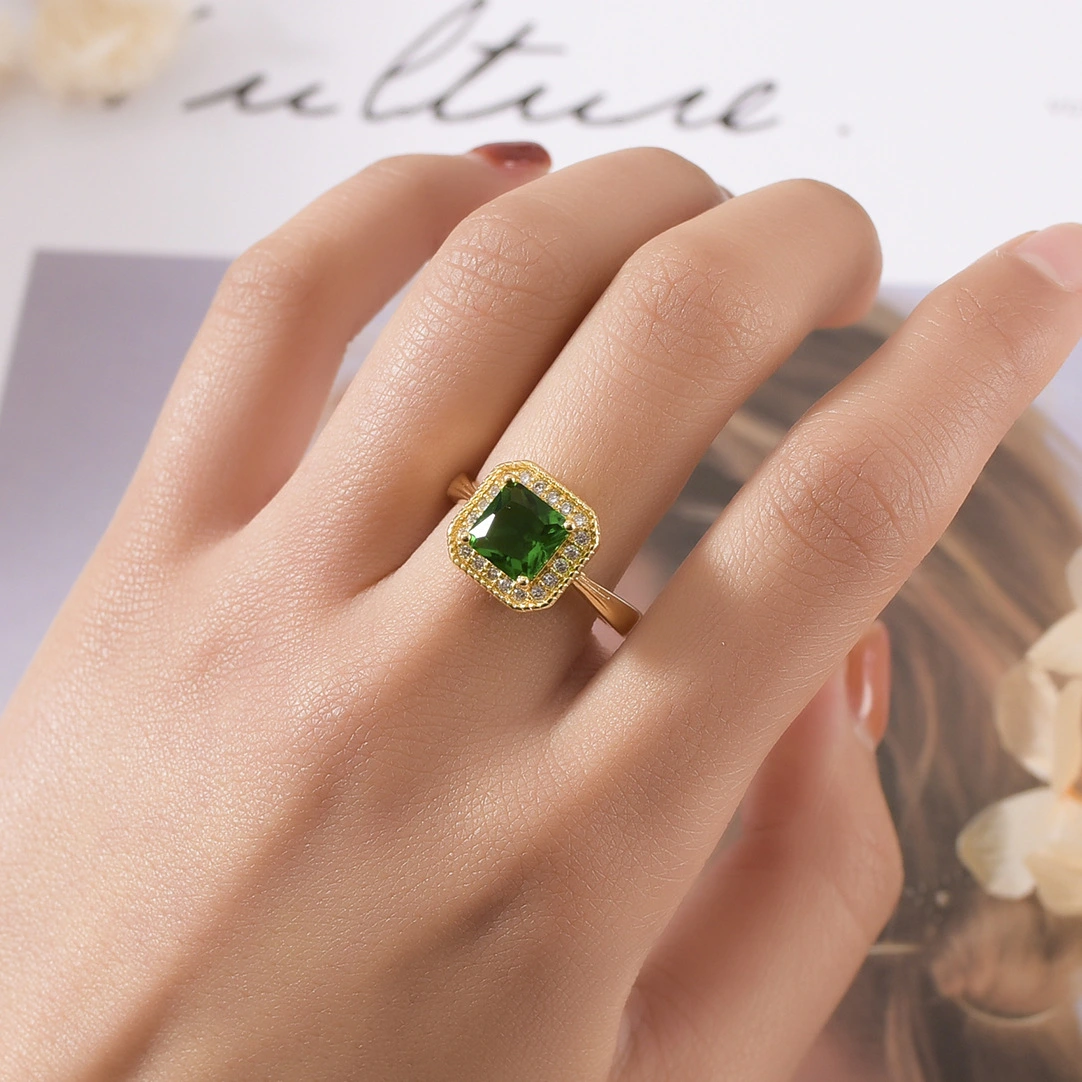 Hainon 2021 wedding rings Lucky Square birthday stone green crystal ring gold plating Gift wholesale 1