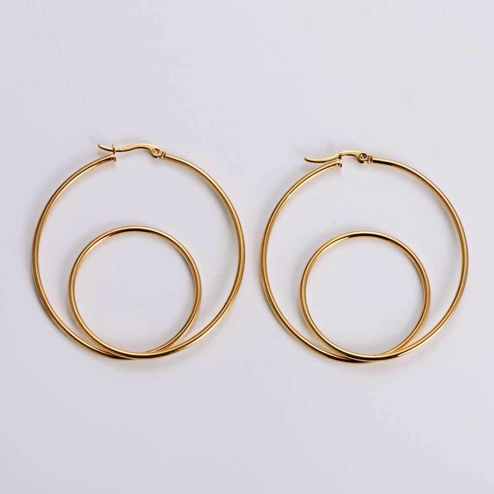 Hainon 2022 double circle Women Earrings Geometric Fashion Jewelry gold plated Stainless steel hoop earrings 55mm 1