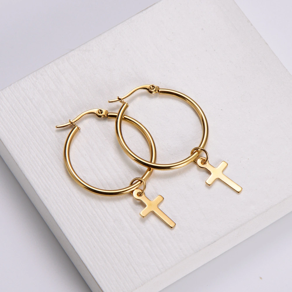 Hainon 2022 Cross 30mm Stainless Steel Plated 18k Gold Hoop Earrings women 1