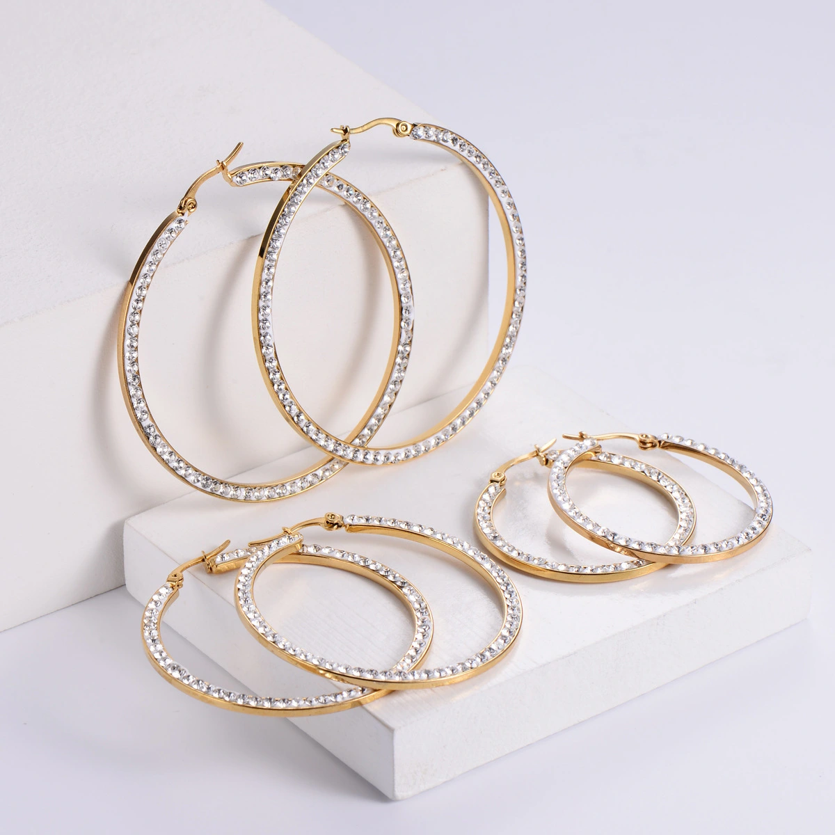 Hainon 2022 Women Earrings Inlaid Rhinestone Geometric Fashion Jewelry gold plated 40mm 50mm Stainless steel hoop earrings 1