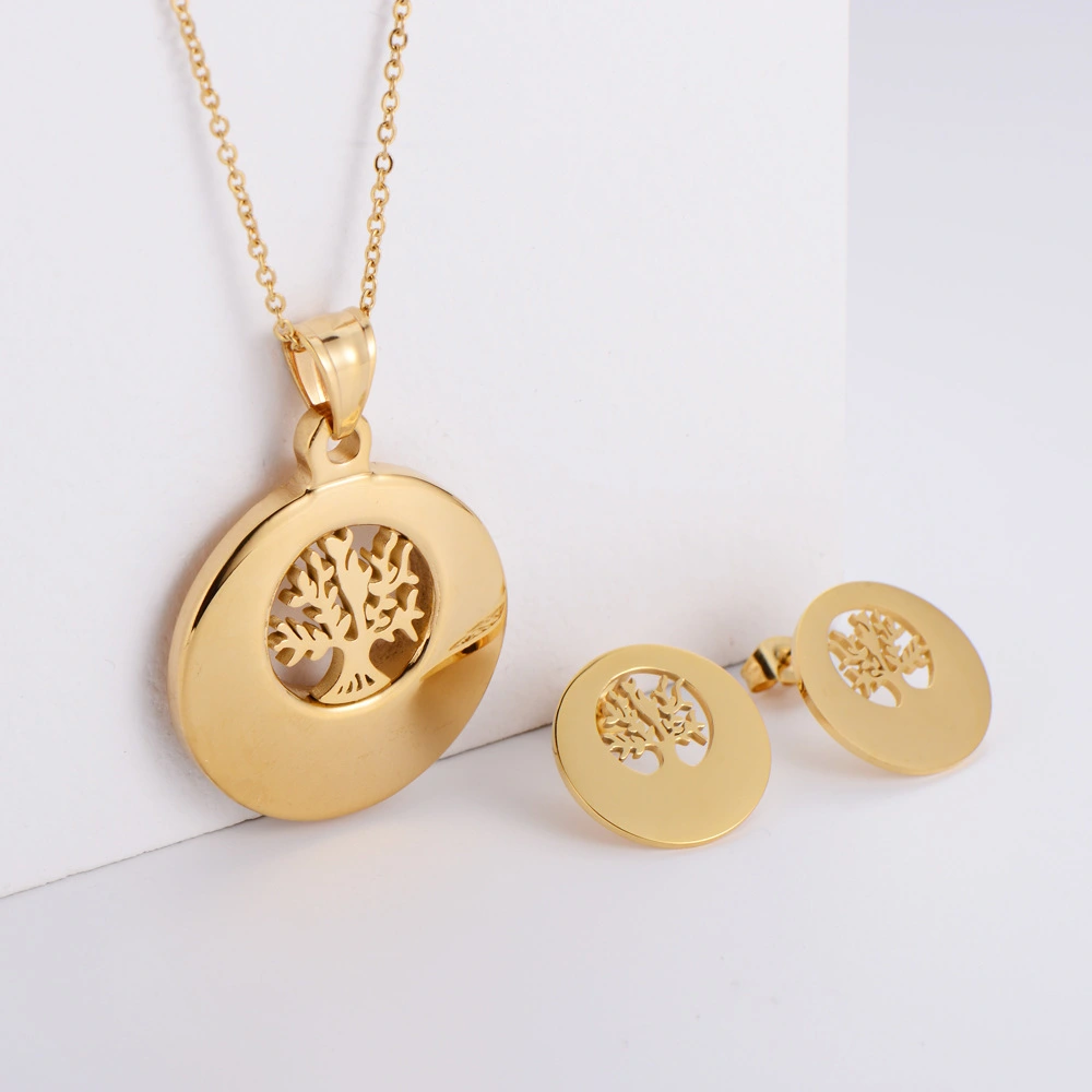 Hainon 2022 plated Gold Necklace Earrings Set Tree of Life Hollow Jewelry for women 1
