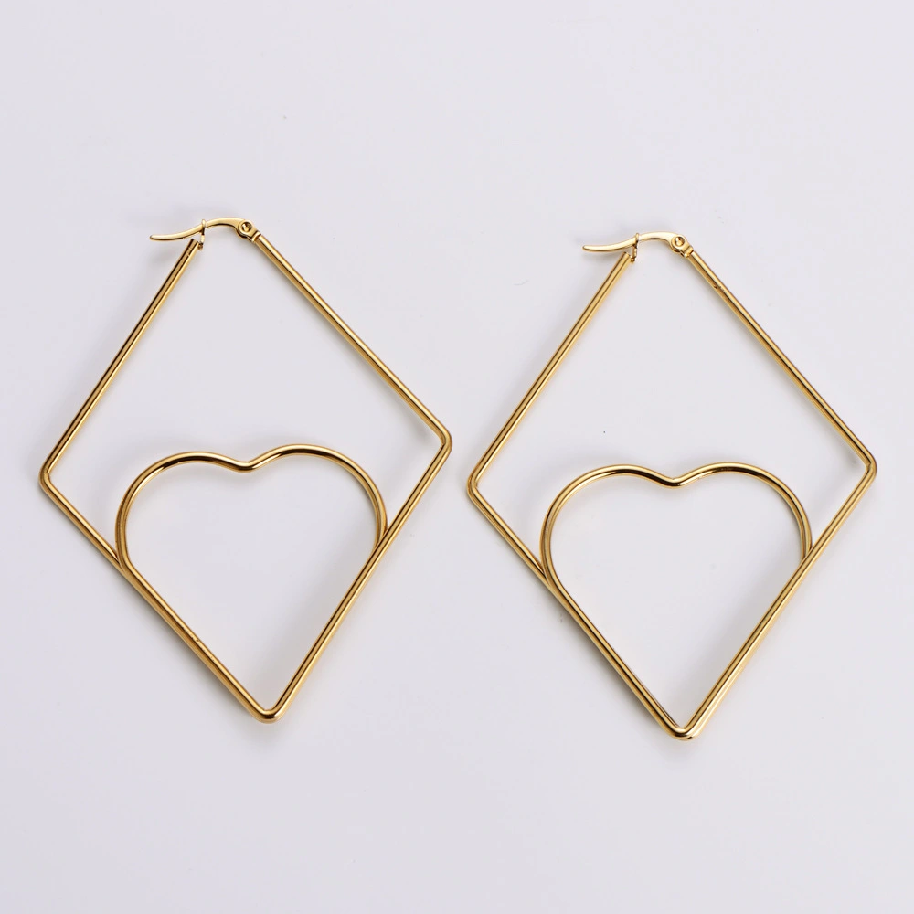 Hainon 2022 Diamond Shaped Women Earrings Geometric Fashion Jewelry gold plated 80mm Stainless steel hoop earrings 1