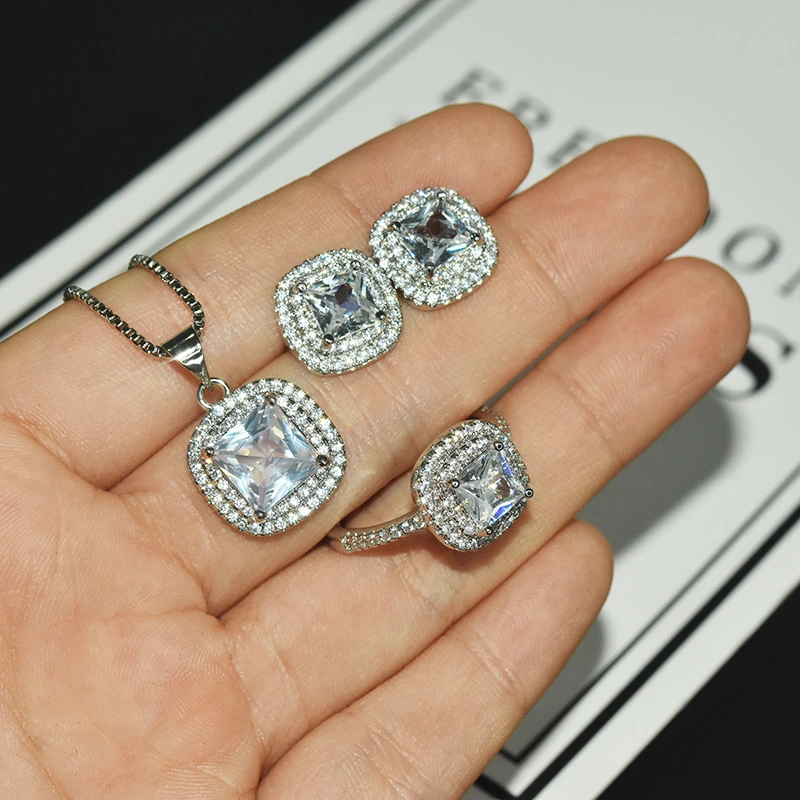 Hainon bridal jewelry set Shiny white zircon Square women jewelry necklace rings earrings set wholesale 1