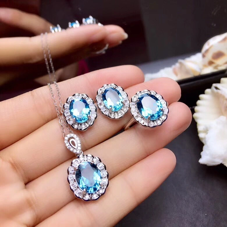 Hainon Jewelry set earrings and necklace blue zircon plating 925 silver luxury bridal jewelry set wholesale 1