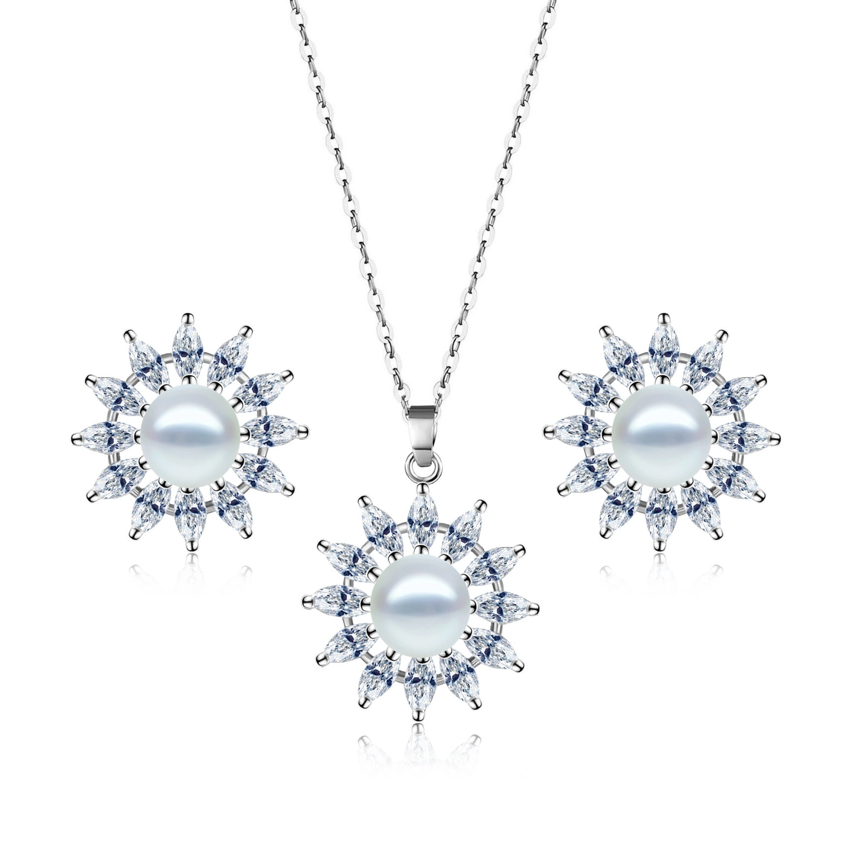 Hainon cheap jewelry set stud earring necklace Flower White zircon Pearl 925 silver plated white zircon Cheap wholesale 1