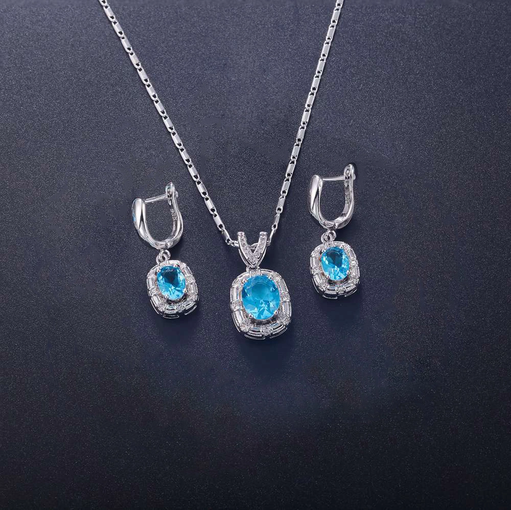 Hainon Platinum plated blue oval zircon Necklace Earrings set Customized jewelry set  african jewelry sets 1