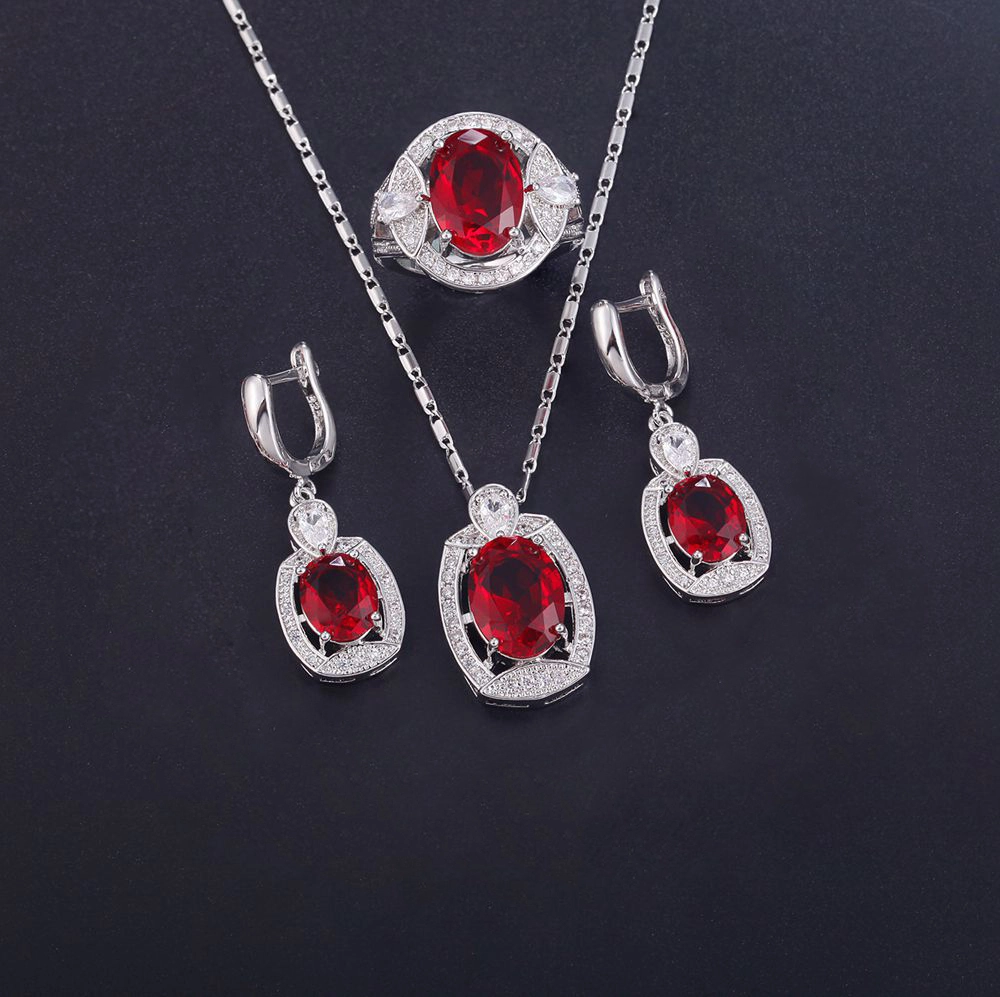 Hainon wholesale fashion Platinum plated red zircon Necklace Earrings ring set  jewelry sets for women 1