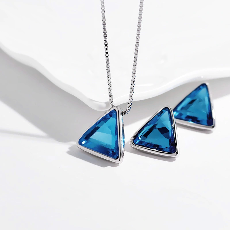 Hainon blue gray crystal Geometric Pendant Necklace Earrings Set fashion Jewelry Gifts for women Gift card 1