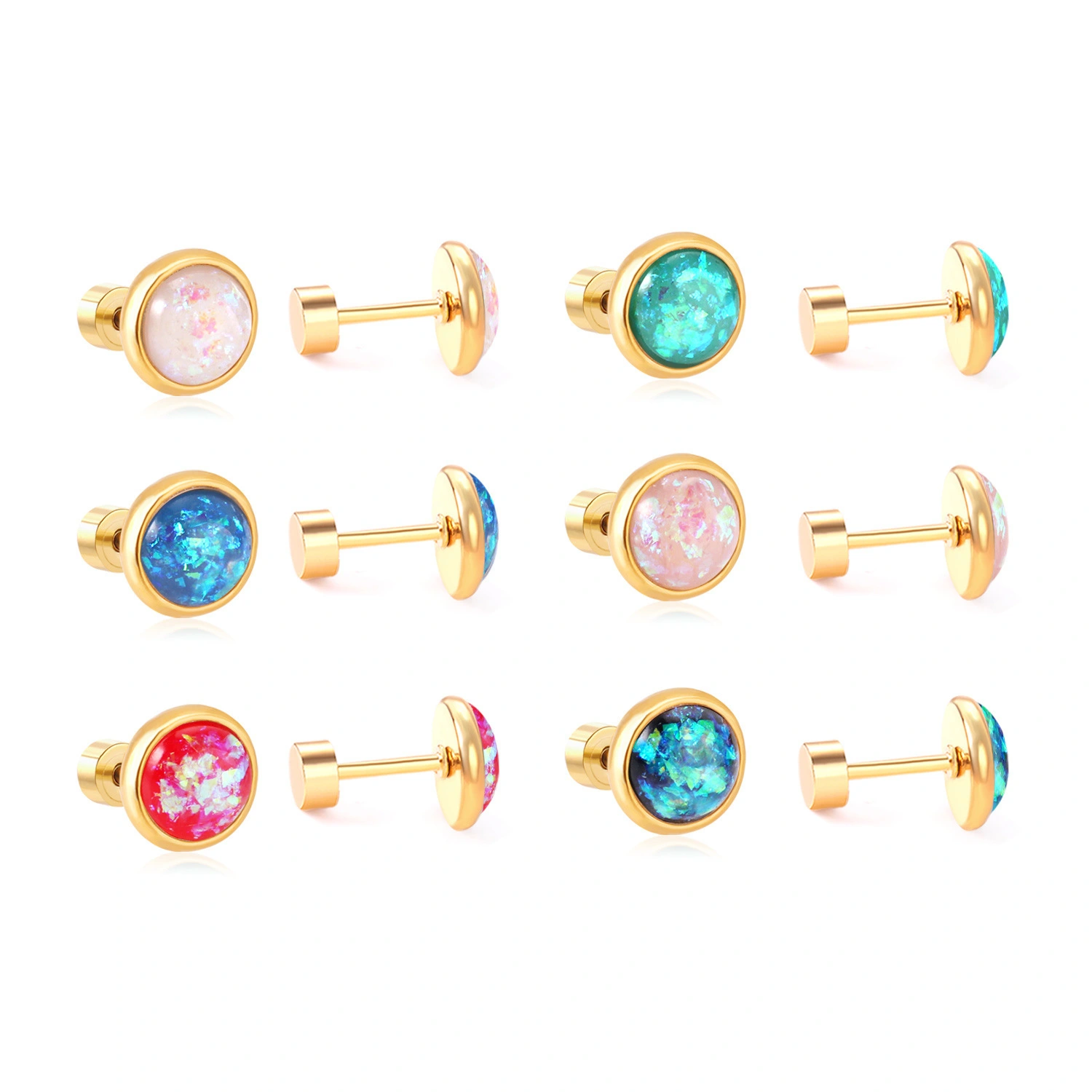 Hainon Fashion and sweet stainless steel earrings set personalized wild ins round opal mixed color threaded earrings 1