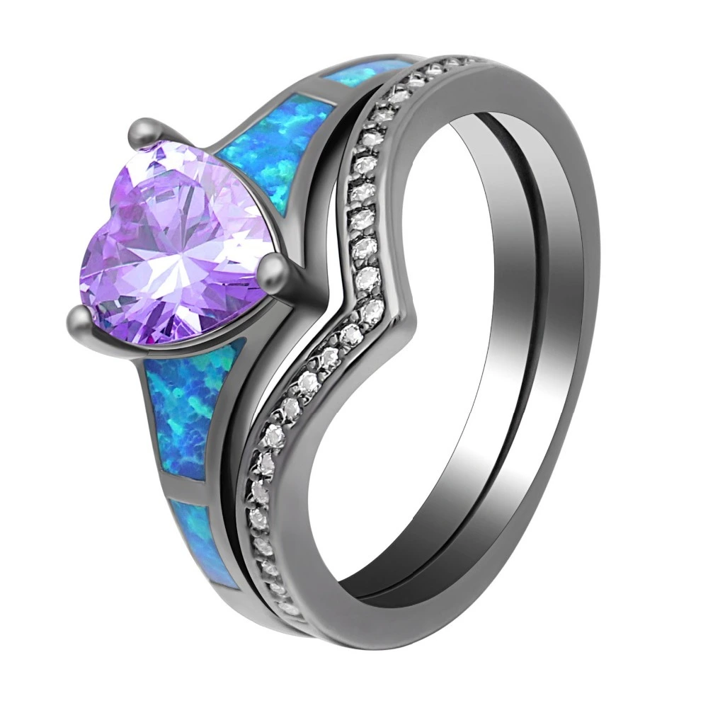 Opal Ring Unique Design Heart-shaped Black gold Plated opal stone wedding ring set 1