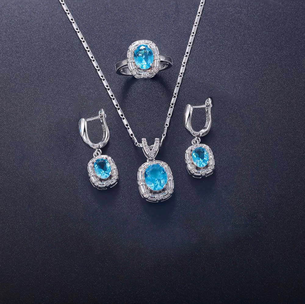 Hainon wholesale Three pcs custom made earring blue zircon necklace open ring women jewelry set 1
