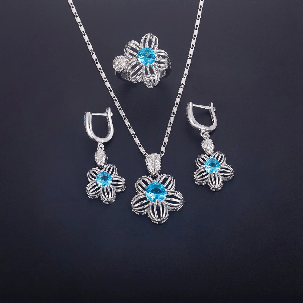 Hainon high quality blue round zircon flower Earrings ring Necklace Set fashion jewelry sets wholesale 1