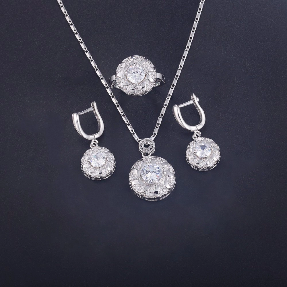 Hainon fashion white round zircon Necklace Earrings ring set Bridal Necklace Earrings Set christmas Wedding gift 1