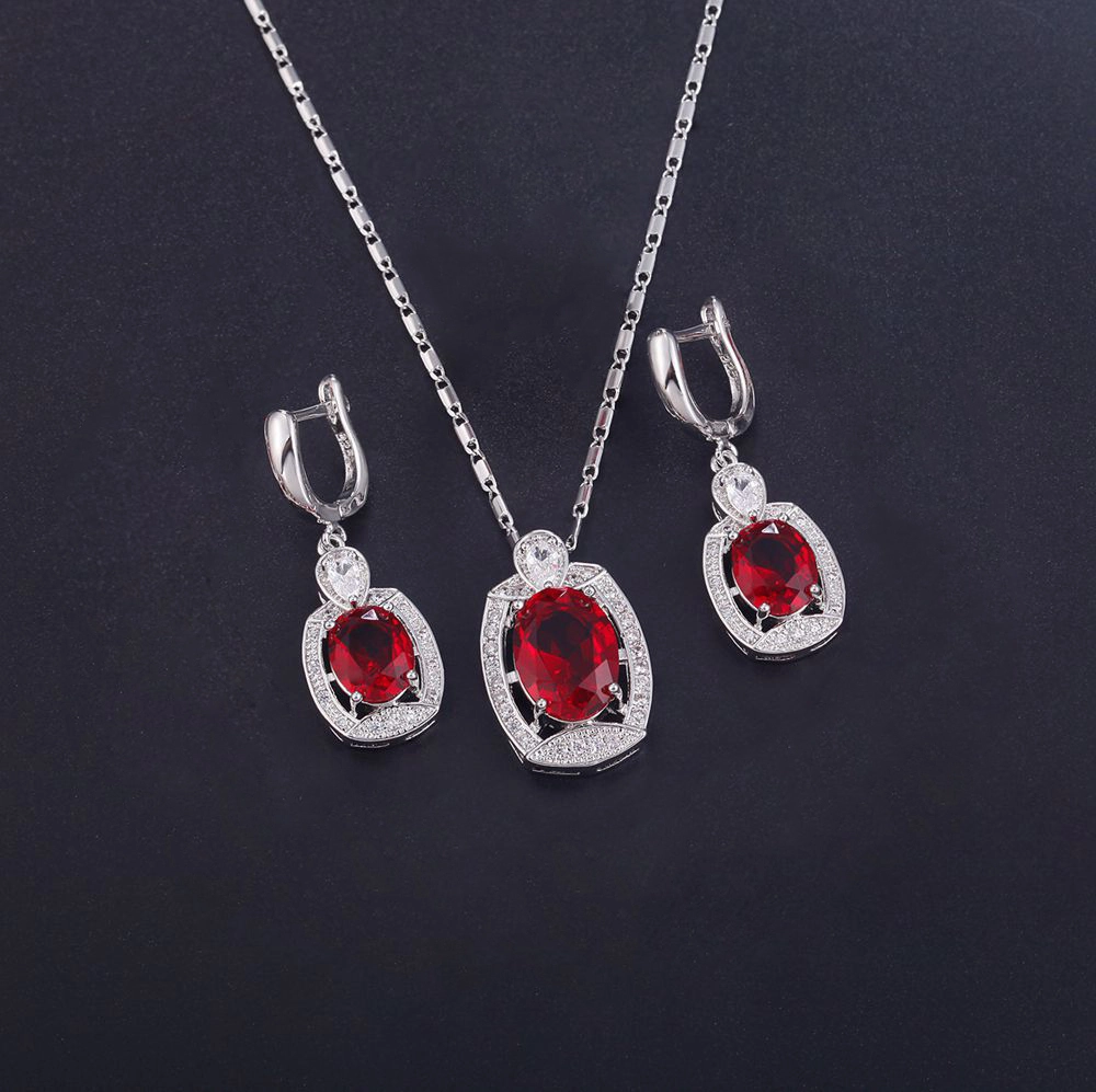 Hainon wholesale Platinum plated Shiny red zircon Necklace Earrings set pendant jewelry set for women gift 1