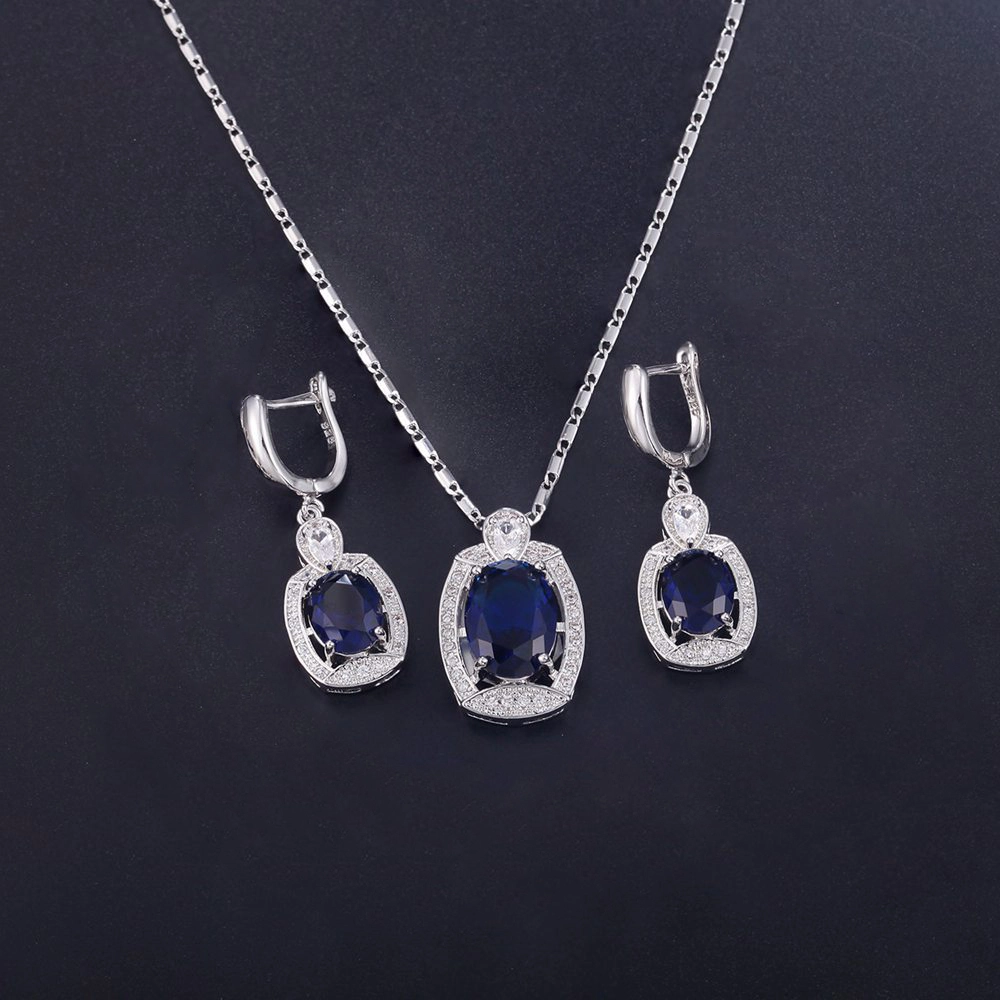 Hainon wholesale luxury jewelry sets Platinum Plated blue oval Zircon Pendant Necklace and Earrings Jewelry Set 1