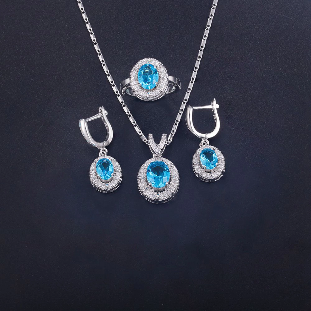 Hainon wholesale wedding jewelry sets blue zircon Necklace Earrings ring set bridal necklace jewelry set 1