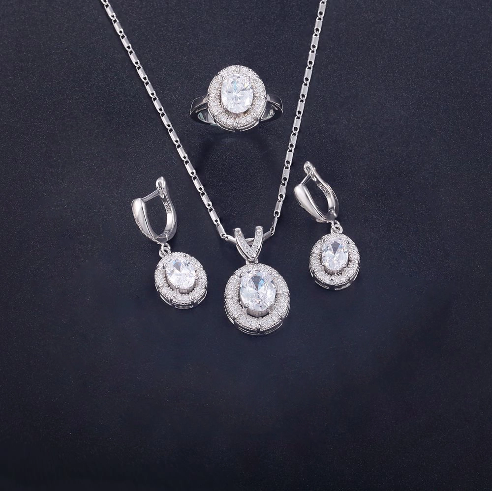 Hainon wholesale high quality fashion white zircon Necklace Earrings ring set bridal set jewelry wedding 1