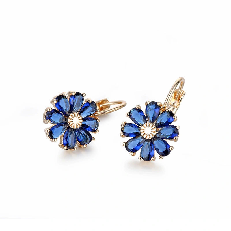 Hainon Elegance Earrings Gold jewelry flower shiny blue/red zircon Hypoallergenic clip Earrings wholesale 1