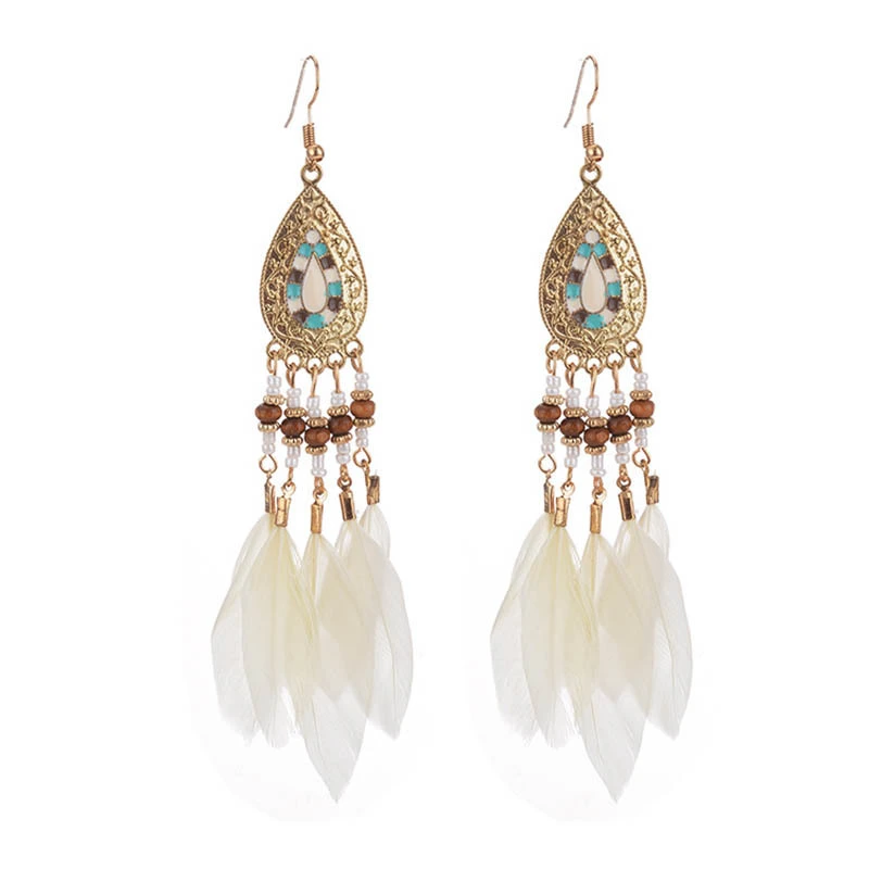 Hainon drop earrings Fashion bohemian style Water droplets beads Colorful animals feather tassel earrings cheap wholesale 1
