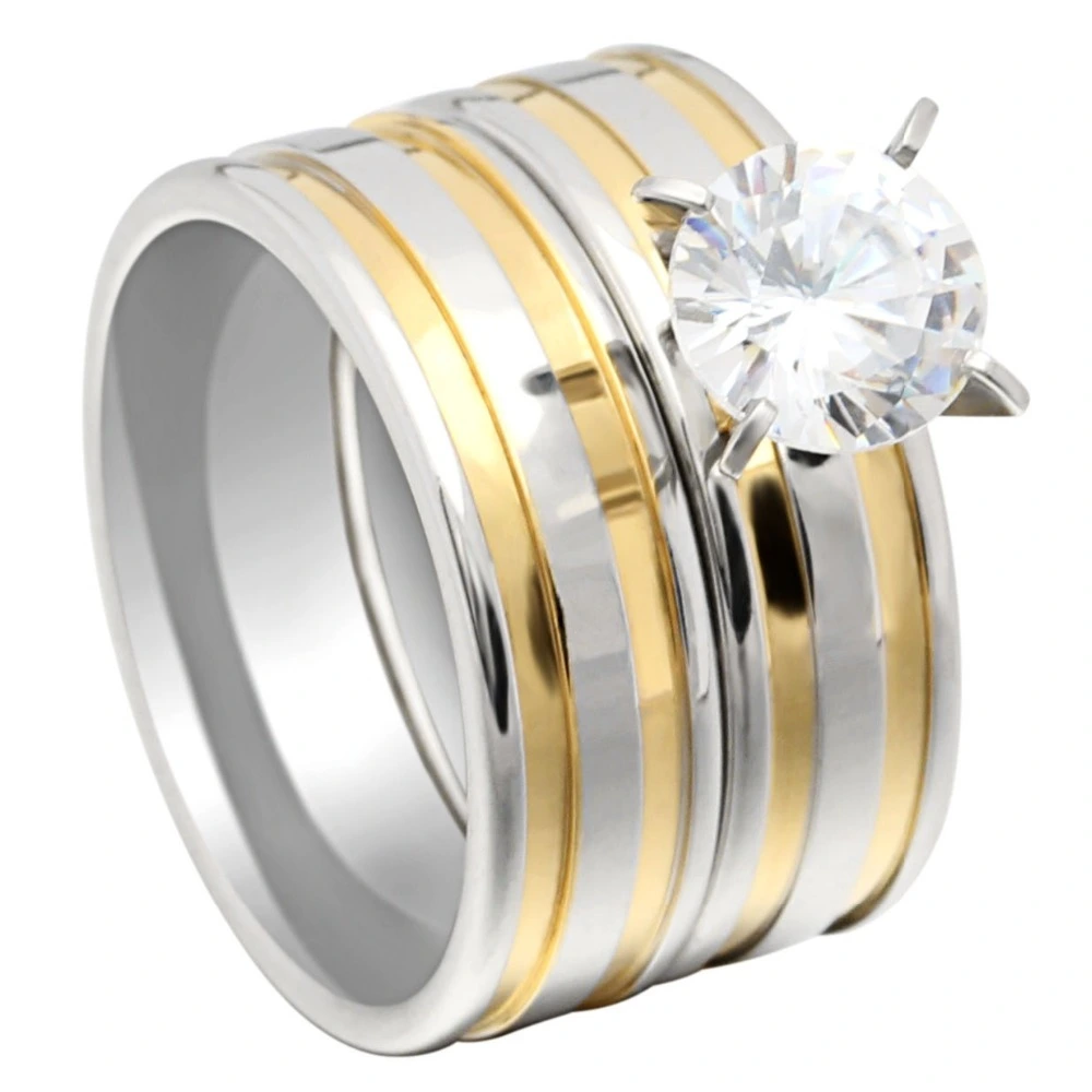 New arrivals 2019 wedding ring set diamond main stone wholesale stainless steel gold ring set 1