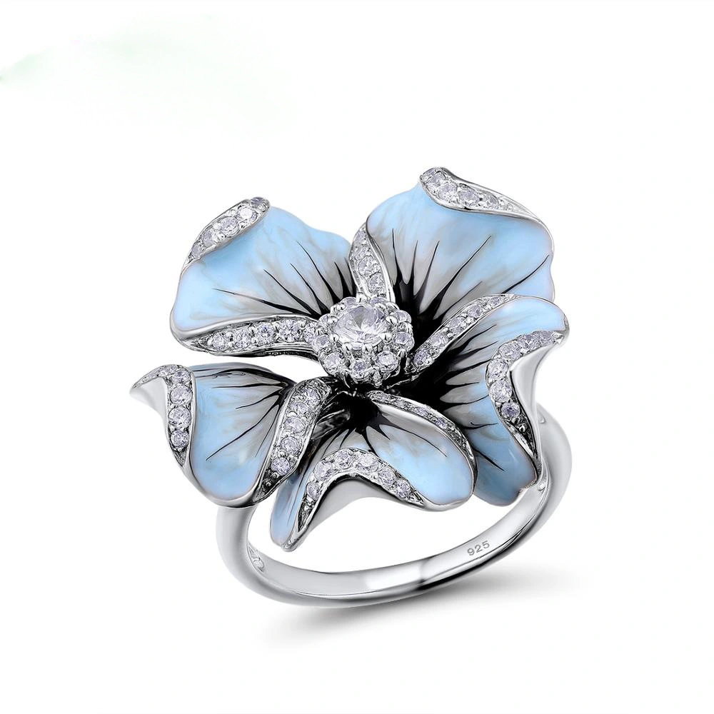 Hainon gold jewelry Luxurious Drip oil craft dreamy blue flowers wedding ring women gold fashion jewelry 2018 rings women 1