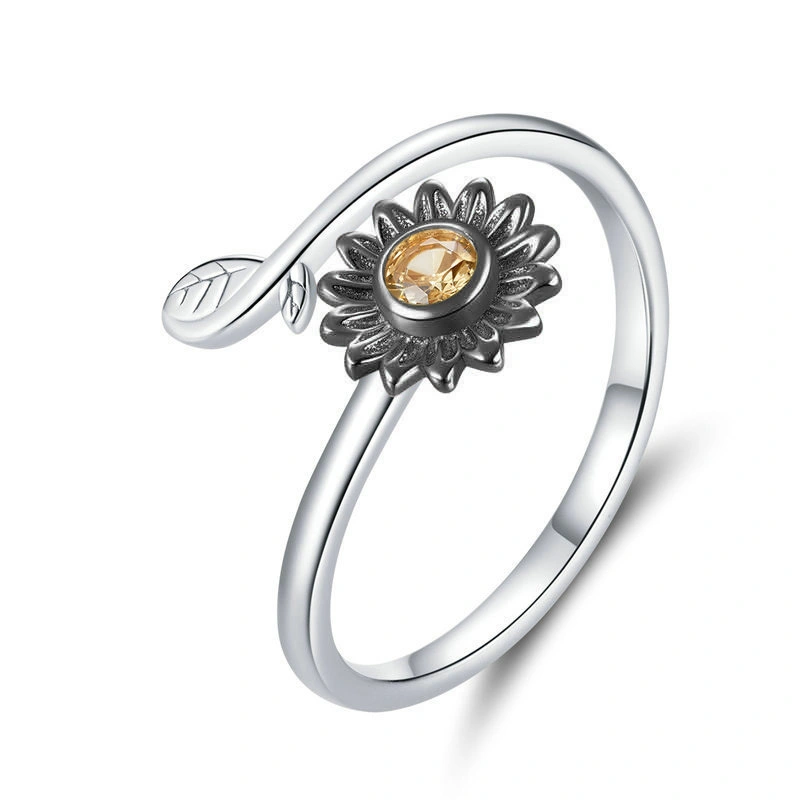 Hainon Sunflower Spinner Ring You are My Sunshine Ring Open Adjustable Ring Jewelry Gift Women Gift card flannel bag set 1