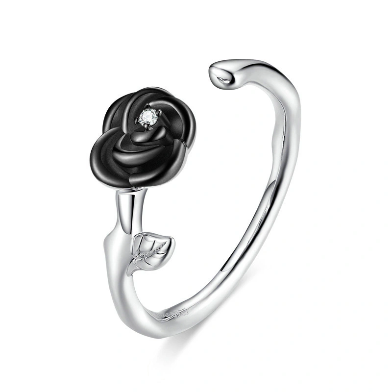 Hainon black Rose Adjustable Rings Black Gun Plated Flower Open Ring Elegant Jewelry Gift card flannel bag set 1