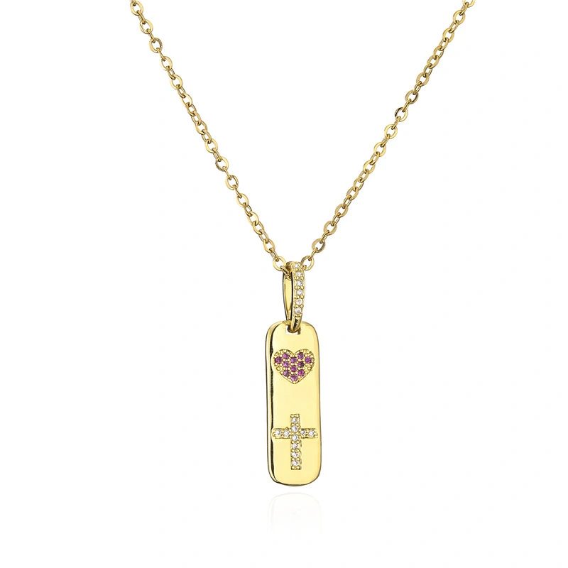 Hainon European and American Vertical Bar Love Cross Pendant Necklace Gold Plated 18K Gold Pink Zircon Necklace Wholesale 1