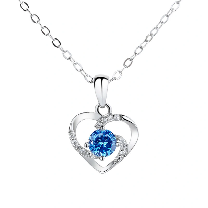 Hainon Heart Necklace white blue round Zircon Pendant Necklaces for women Birthday sterling silver Jewelry 1