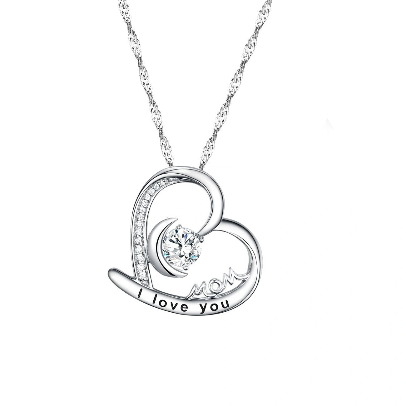 Hainon custom necklace I Love You Mom 925 silver plated Heart Silver zircon Pendant Necklace For Mother's Day Gift 1