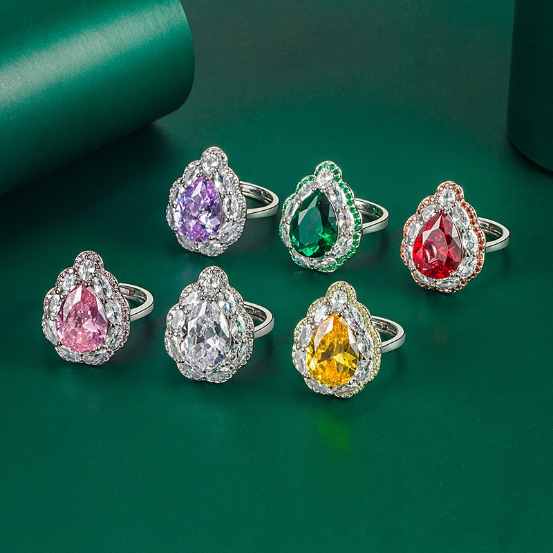 Hainon 2022 Adjustable rings Luxurious big water drop colorful zircon rings jewelry women Anniversary gift 1