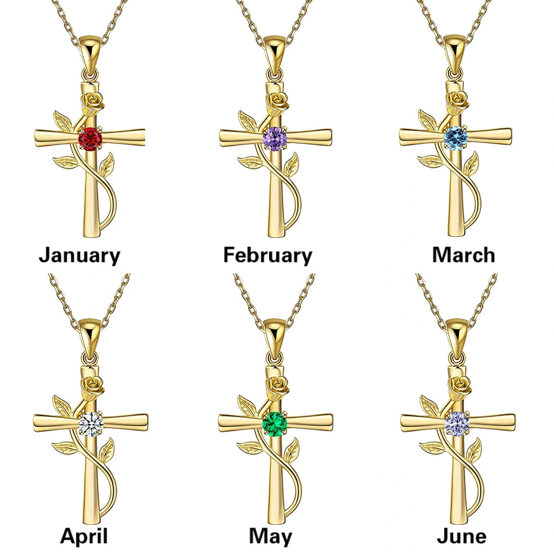 Hainon Fashion Birth Stone Necklace Pendant Personality Cross Rose Exquisite Twelve Months Birthday Necklaces 1