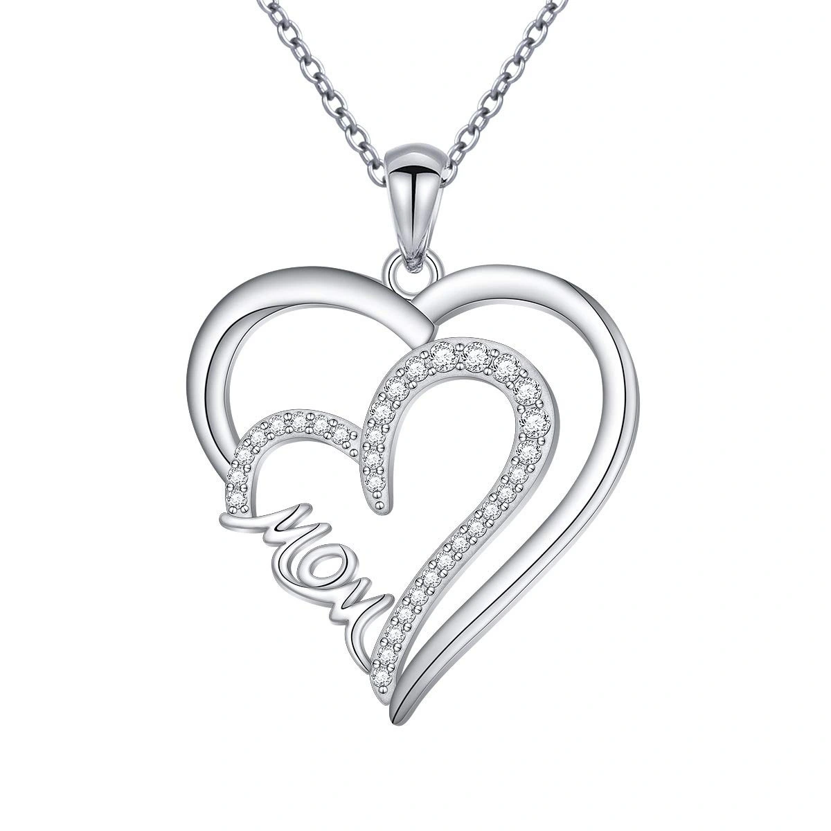 Hainon Custom Double Heart Silver Plated Mom Necklace Letter Necklace Gift For Mom Mother White Zircon Jewelry 1