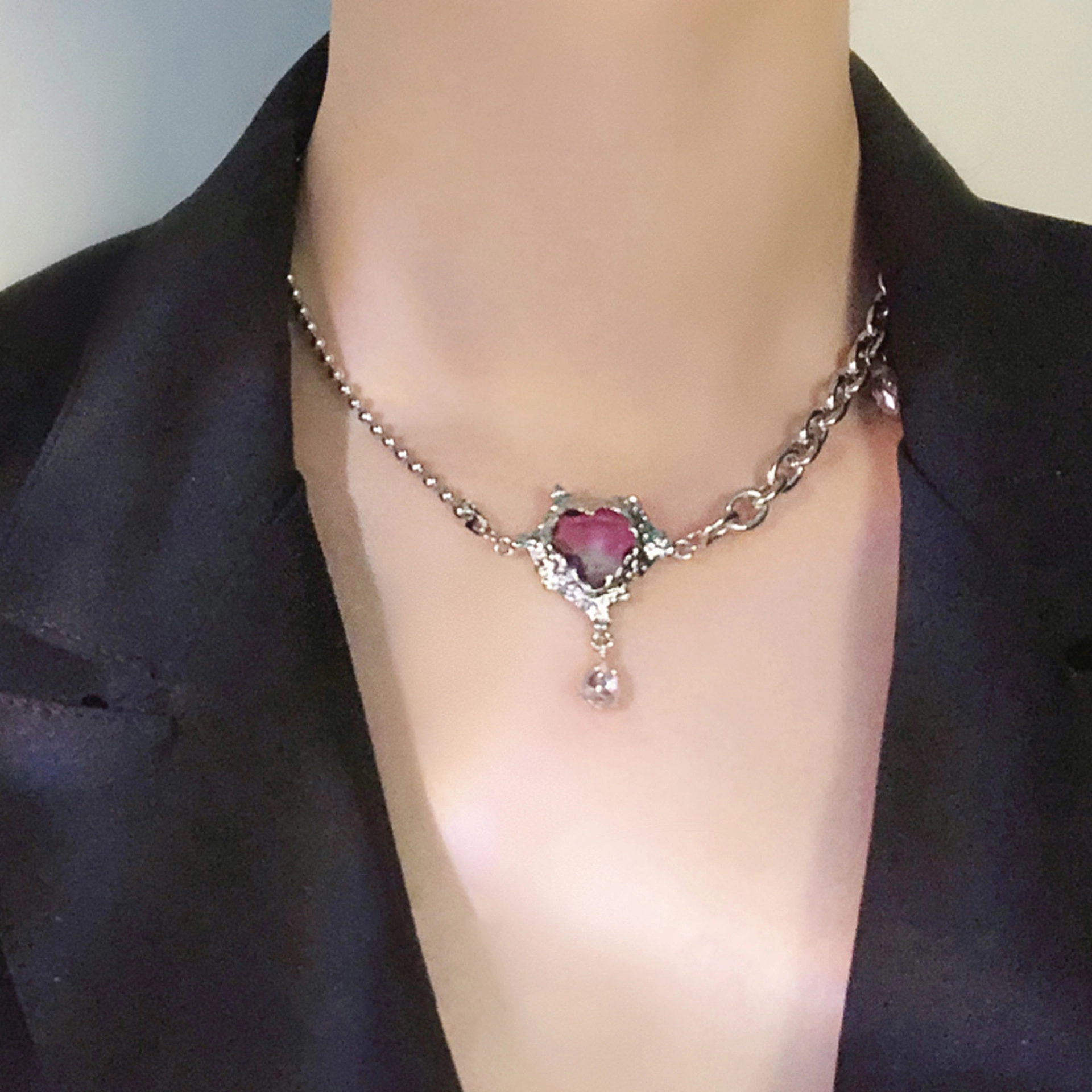 Hainon Niche design gradient purple zircon love drop necklace personality sweet cool clavicle chain jewelry 1