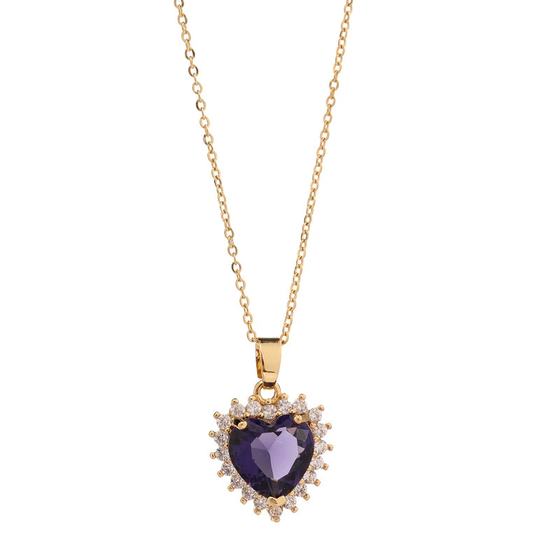 Hainon Fashion trend micro inlaid red blue zircon love Titanium steel necklace clavicle chain jewelry wholesale 1