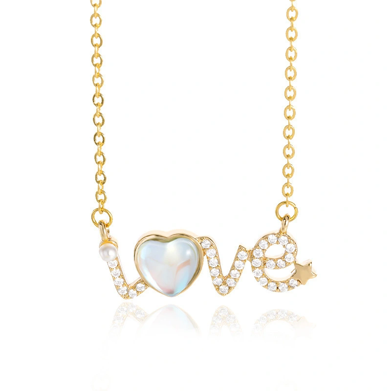 Hainon Letter Heart Necklace LOVE Zircon Moonstone Inlaid Necklace Ladies Clavicle Chain Wholesale 1