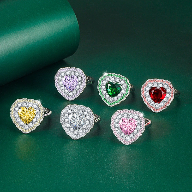Hainon brass pink green diamond ring romantic niche design adjustable heart zircon ring silver jewelry 1