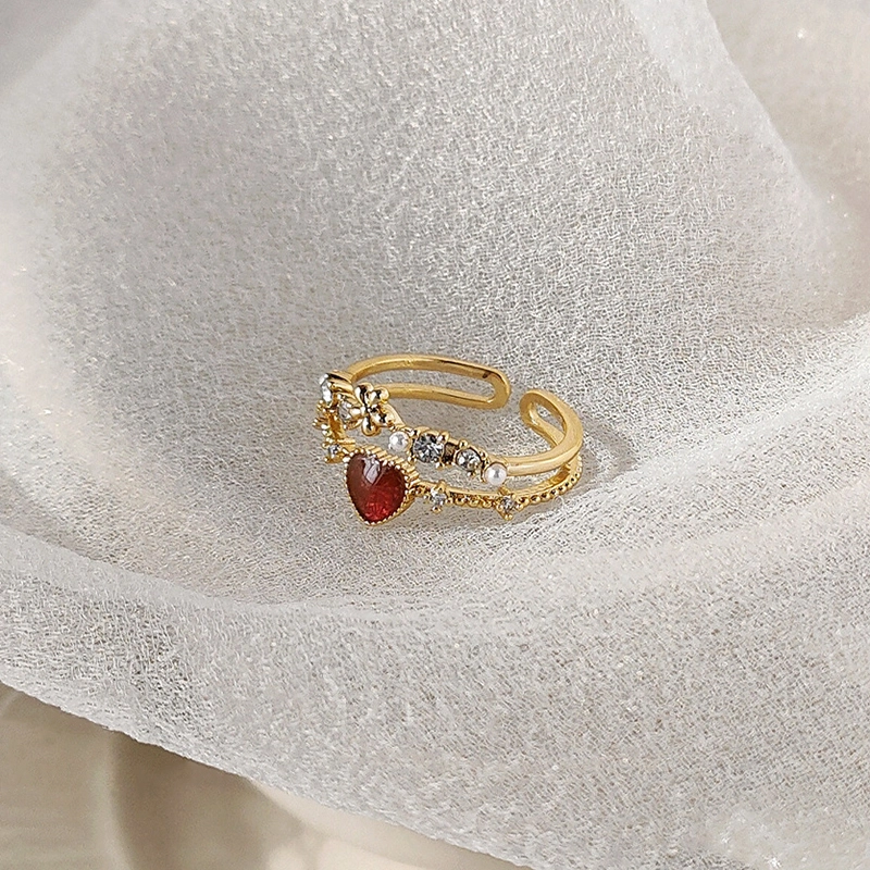 Hainon New love open ring brass red zircon heart flower ring wholesale fashion ring jewelry for women 1