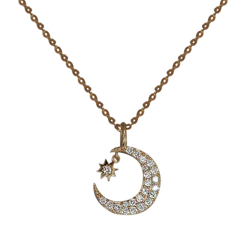 Hainon S925 Sterling Silver Zircon Temperament Pendant Star Moon Necklace Temperament Clavicle Chain 1