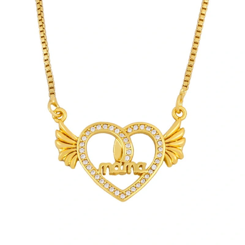Hainon Mother's Day Gift necklace gold plated Wings colorful zircon Heart-shaped pendant lettering necklace 1