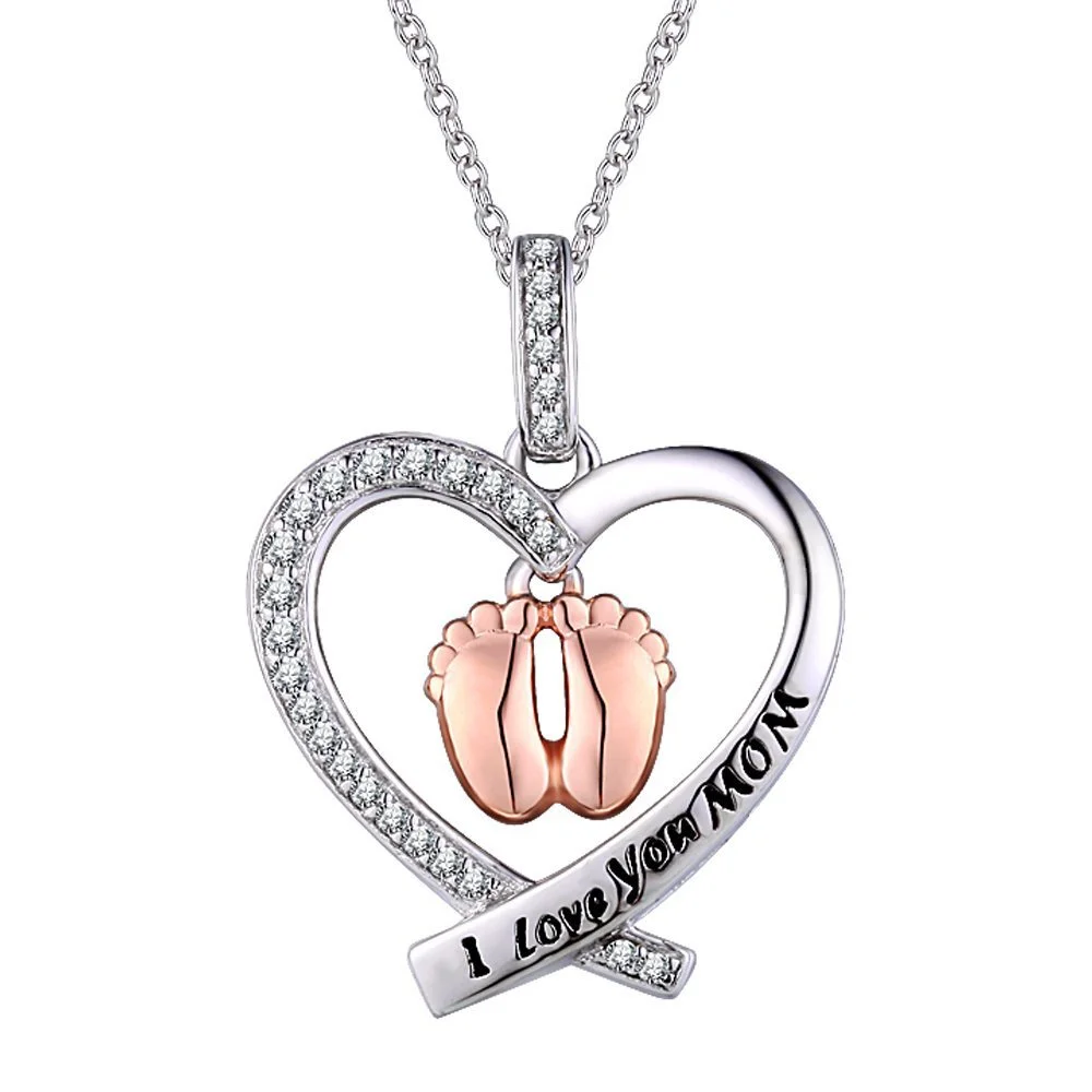 Hainon Custom Necklace I Love You Mom Rose Gold Heart Silver Foot Print Pendant Necklace For Mother's Day Gift 1