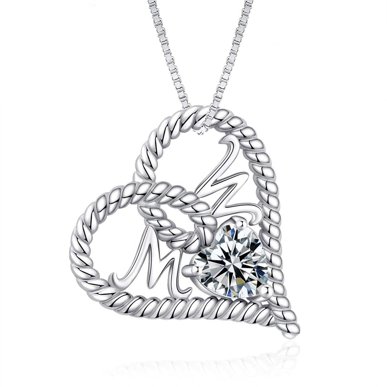 Hainon Mother's Day Gift Letter Mom zircon Heart Pendant Necklace Luxury silver Mom Hollow Heart Necklace 1