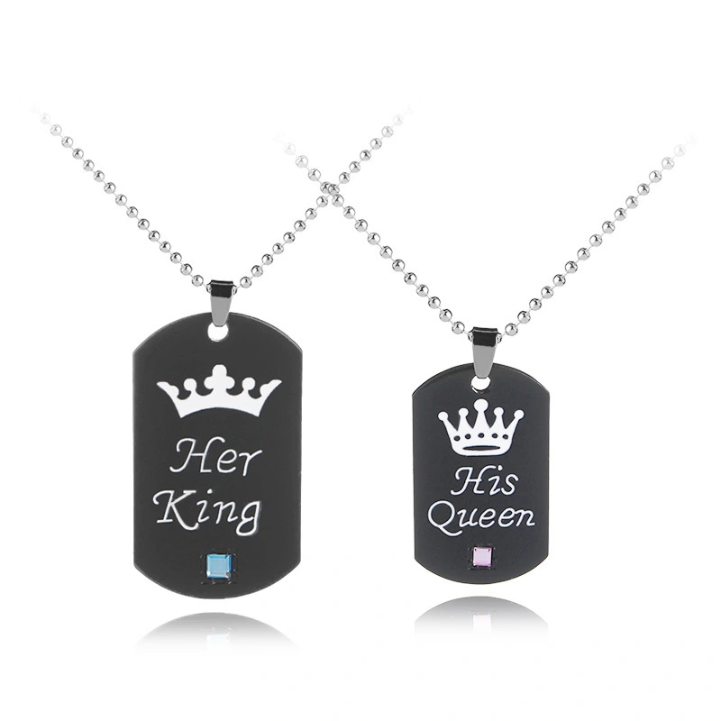 Hot New Crown Couple Necklace Her King His Queen Diamond Engraving Key Chain Black Necklaces Alloy Latest Necklace Designs A2113 1